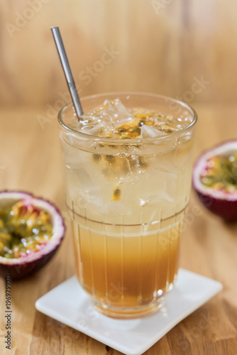 Refreshing iced passion fruit tea beverage