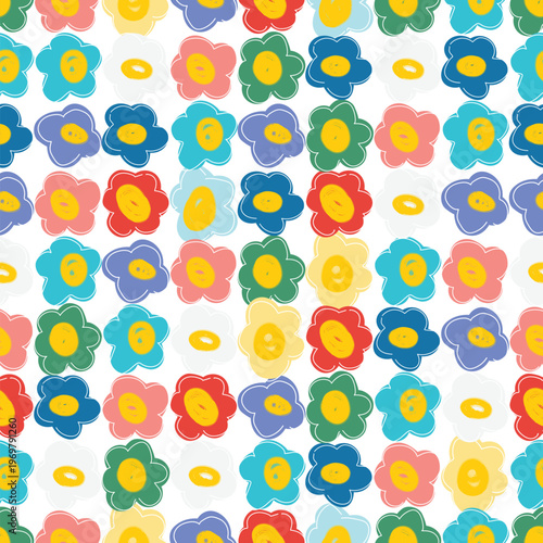 Colorful cute floral seamless pattern Naive art, hand drawn children illustration. Doodle flowers background.
