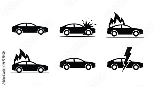 Car accident and fire icon set showing vehicle damage crash and emergency situations in silhouette style 