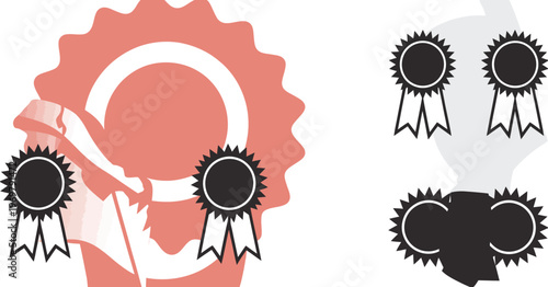 Award ribbon badges with red and black rosette medal achievement symbols illustration