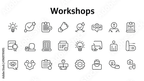 Workshop icons set with business training tools and education symbols in modern outline style on light background 