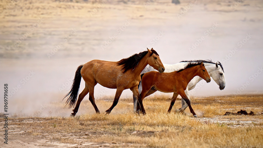 Obraz premium Wild horses running through dusty dry grassland, bay mare, foal, and white stallion galloping in desert landscape