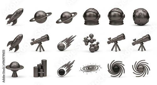 A set of black and white vector graphics depicting various space-related icons and symbols