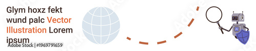 Cybersecurity, data protection, technology services, artificial intelligence, online safety, identity verification. A robot holding a magnifying glass near a network globe. Cybersecurity and data