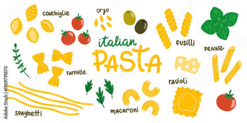 Pasta italian vector set with spaghetti, penne and farfalle. Hand-drawn doodle illustration for kitchen textiles, packaging or menu design. Naive childish style, modern and stylish.