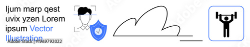 Identity verification, technology, fitness, cloud storage, data security, personal development. Graphic icons include a face with a check shield, a cloud and a lifter. Identity verification