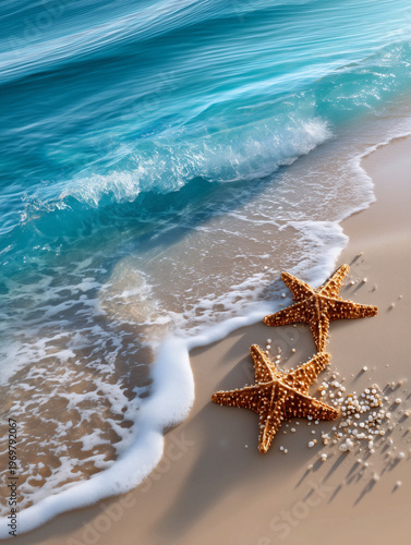 Two orange starfish on a sandy tropical beach with turquoise ocean waves and white foam, summer vacation concept, top view, vertical composition. AI generated