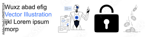 Artificial intelligence, cybersecurity, data analytics, fintech, digital security, economic innovation. A robot points to data charts while a lock and coins security and currency. artificial