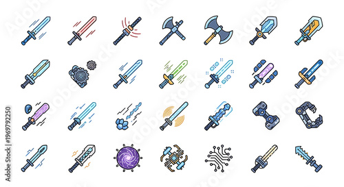 Pixel Art Weapons Collection Swords, Axes, and Futuristic Blasters for Gaming and Design