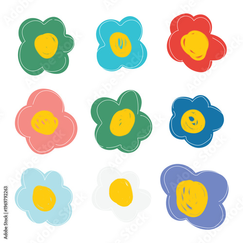 Cheerful hand drawn doodle flowers in bright, playful colors forming a seamless, whimsical pattern ideal for spring and summer textiles, wallpapers, and fun designs