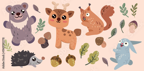 Set of cute baby forest animals. Collection of hand drawn cartoon characters, leaves, mushrooms, plants. Happy hand drawn deer, small squirrel, bear child, hedgehog. Vector illustration in kids style.