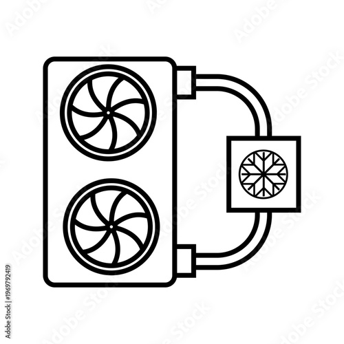 Outline icon illustration of air conditioning outdoor unit with fan elements representing HVAC system, cooling equipment, and climate control technology.