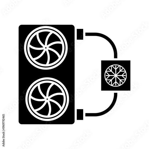 Outline icon illustration of air conditioning outdoor unit with fan elements representing HVAC system, cooling equipment, and climate control technology.