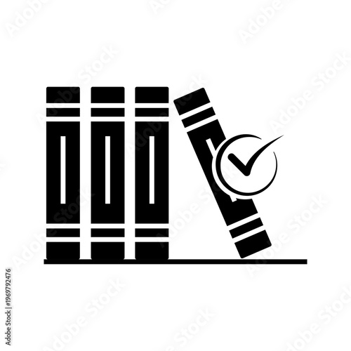 Outline icon. illustration of stacked books with checkmark symbol representing approved documents, verified learning materials, and certified knowledge.