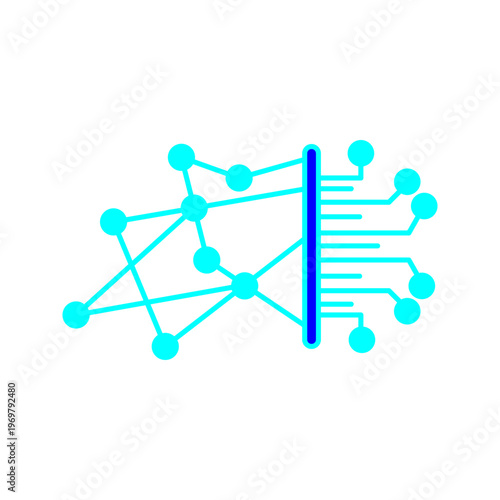 Minimal outline icon of connected nodes and circuit board representing artificial intelligence, machine learning, data networks, and digital technology.