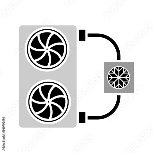 Outline icon illustration of air conditioning outdoor unit with fan elements representing HVAC system, cooling equipment, and climate control technology.