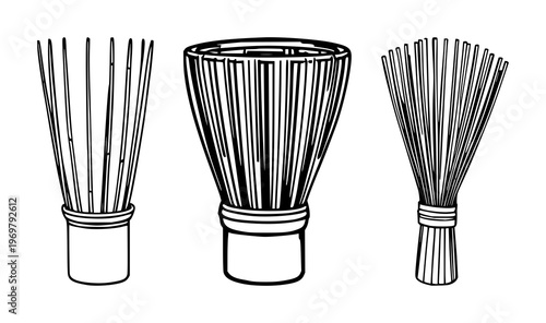 Matcha whisk set with thin black line art design featuring chasen, bamboo, and kitchen utensils with beverage accessories and tea ceremony tools