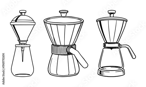 Coffee making equipment set with black line art illustration featuring espresso machine, portafilter, tamper with steam wand and cup