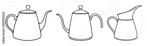 Gooseneck kettle set with elegant curved spouts featuring black line art, pour-over coffee, and tea brewing with kitchenware and home decor