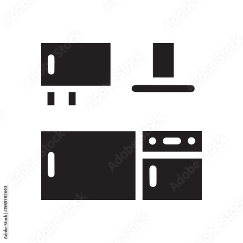Minimalist black glyph icon of a modern kitchen interior with cabinets, stove, and range hood, perfect for web design, apps, and infographics
