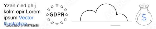 Data privacy, cloud storage, financial security, information management, compliance, digital storage. GDPR compliance logo, cloud icon and money bag. Data privacy and cloud storage concepts