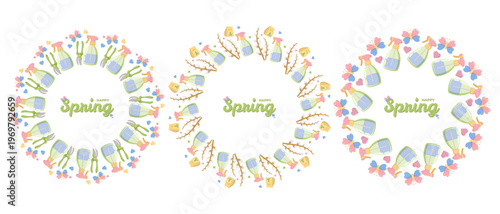 Three circular wreath designs with gardening motifs spray bottles, pruning shears, shovels, seed packets, branches, butterflies, and hearts surrounding Happy Spring in green cursive with floral