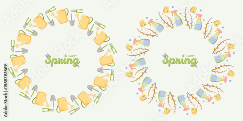 Two circular wreath designs with gardening motifs watering cans, trowels, pruning shears, spray bottles, seed packets, and budding branches surrounding Happy Spring in green cursive with floral