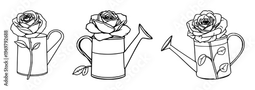 Haws-style watering can with rose set with black line art illustration featuring watering can, rose, gardening, Haws-style, black line art with illustration and vector