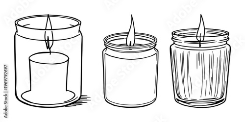 Candle set with black line art and wooden wick design featuring scent, aroma, luxury with fragrance and elegance