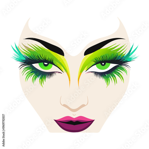 Vector illustration of a woman face with glamour makeup featuring brown and green iris eyes and stylish eyebrow design for fashion art cosmetics