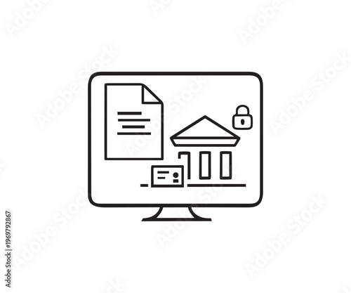 Online Banking Security Concept with Government Portal Icons and Financial Dashboard Computer Screen Financial Document and Bank Building Symbol