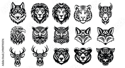 A flat lay of various tribal animal head illustrations including wolf, lion, tiger, and deer on a white background