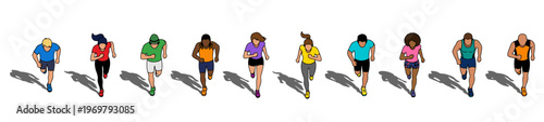 Top View Running People Vector Set, Overhead Perspective Diverse Joggers and Runners Collection for Architectural Plans, Urban Fitness Scene, Dynamic Crowd Illustration