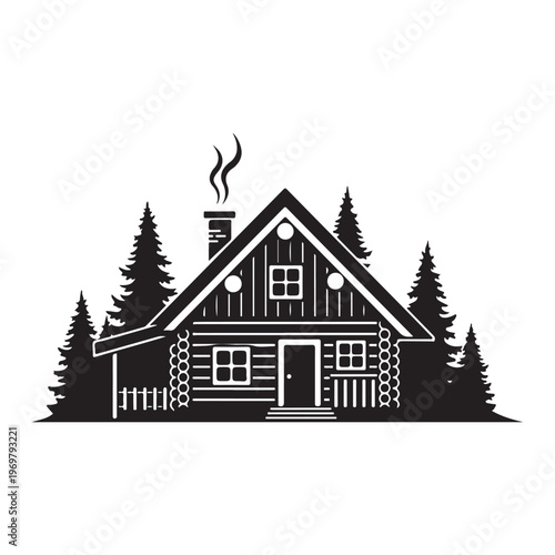 Cabin in woods with smoke from chimney and surrounding pine trees silhouette.