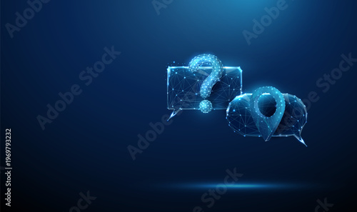 3d two speech bubbles with question mark and location pin icon. Location inquiry, place clarification, geolocation request, travel communication, map-based support concept.