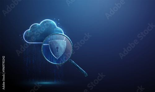 3d blue data cloud under magnifying glass with shield with keyhole. Cloud security analysis, data protection inspection, secure data storage, privacy control, concept.