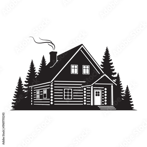 Cabin in woods with smoke from chimney and surrounding pine trees silhouette.