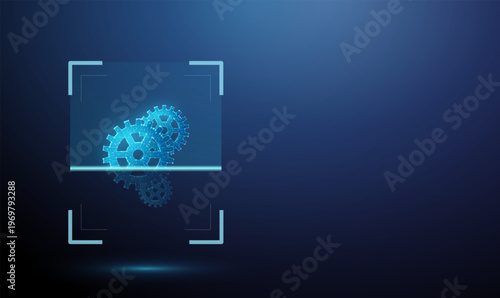 3d gears inside digital scanning frame with horizontal scan line. System diagnostics, process analysis, workflow monitoring, operational efficiency evaluation concept.
