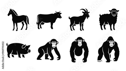 A collection of farm and wild animals depicted in a stark black silhouette style showcasing diverse species high quality professional detailed