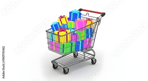 3D Shopping Cart with Glowing Digital Gift Boxes – E-commerce, Online Shopping and Digital Gifts Concept Isolated on White Background