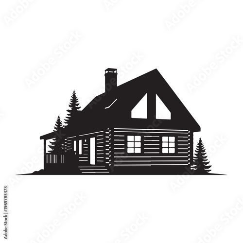 Cabin in woods with smoke from chimney and surrounding pine trees silhouette.