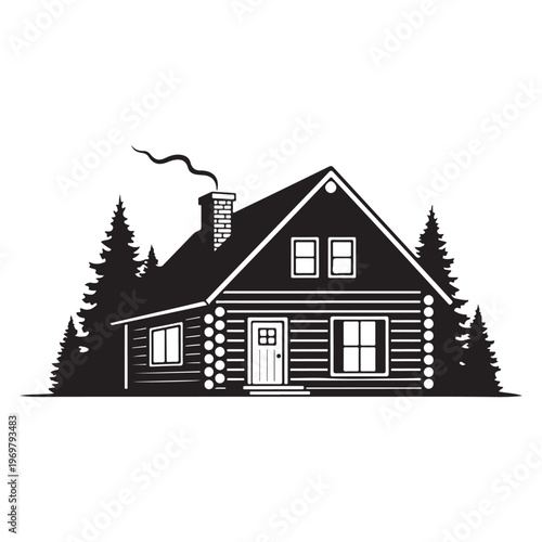 Cabin in woods with smoke from chimney and surrounding pine trees silhouette.