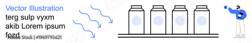 Inventory management, manufacturing process, warehouse supply, logistics, minimalism, personnel action. Line drawing of jars on a shelf and a man holding an item. Inventory management and logistics