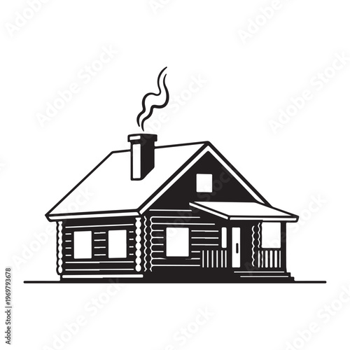 Cabin in woods with smoke from chimney and surrounding pine trees silhouette.