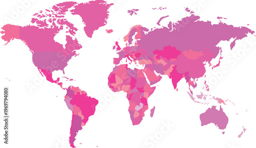 Vector World Map with Pink and Magenta Gradient Country Borders on White Background