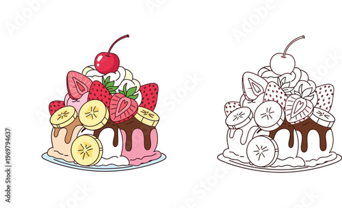 Delicious Banana Split Ice Cream Sundae Illustration Set with Color and Line Art Versions for Kids Coloring Book, Featuring Strawberries, Banana Slices, Chocolate Syrup, and Cherry.