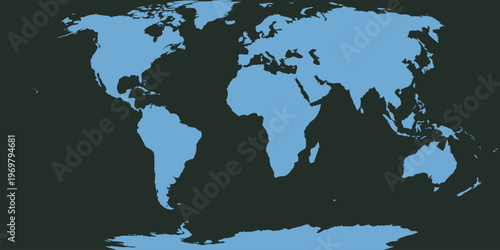 World map on dark background: light blue glowing continents, digital vector illustration