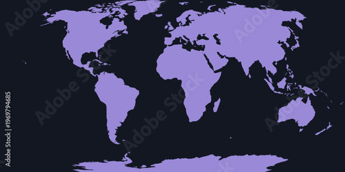 World map on dark background: purple neon colors, glowing global geography, vector illustration.