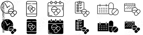 Medicine schedule icon vector set. Medication reminder Illustration sign collection. Pill timetable symbol or logo.
