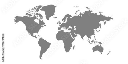 Gray world map: minimalist global silhouette, isolated on white, vector illustration.